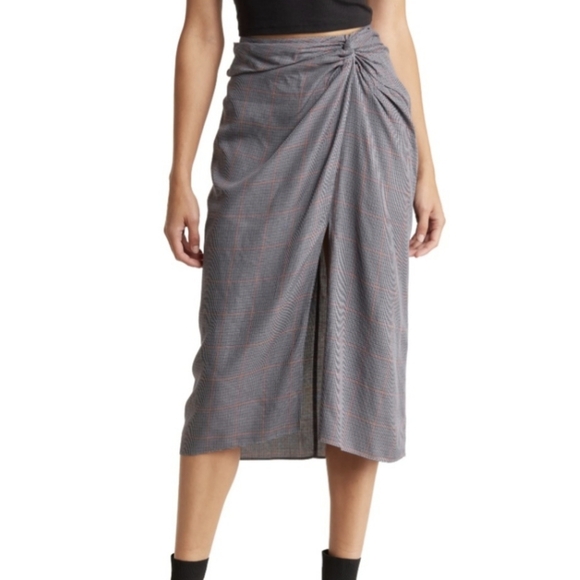 rag & bone Midi Skirt Amber Plaid Gathered Twist Waist Slit Grey Multi 6 NWT - Picture 3 of 13